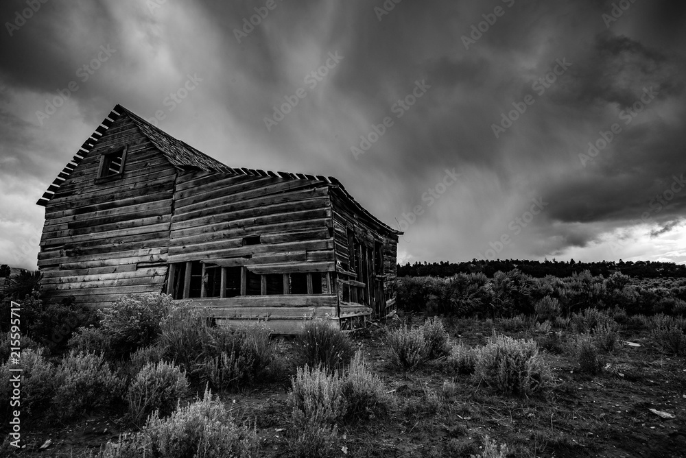 Abandoned old timber cabin in bleak setting Abandoned old timber cabin in bleak setting