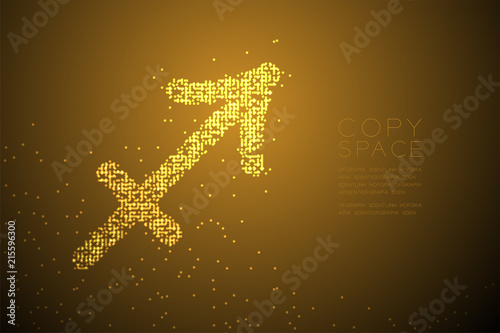 Abstract Geometric Bokeh Circle dot pixel pattern Sagittarius Zodiac sign shape, star constellation concept design gold color illustration isolated on brown gradient background with copy space, vector