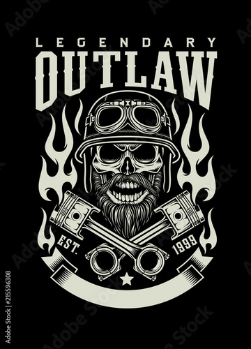 Vintage Bearded Biker Skull With Crossed Pistons Emblem