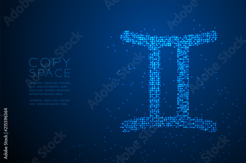 Abstract Geometric Bokeh circle dot pixel pattern Gemini Zodiac sign shape, star constellation concept design blue color illustration isolated on blue gradient background with copy space, vector