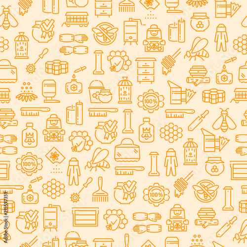 Honey beekeeping and apiculture seamless pattern, background with outline icons