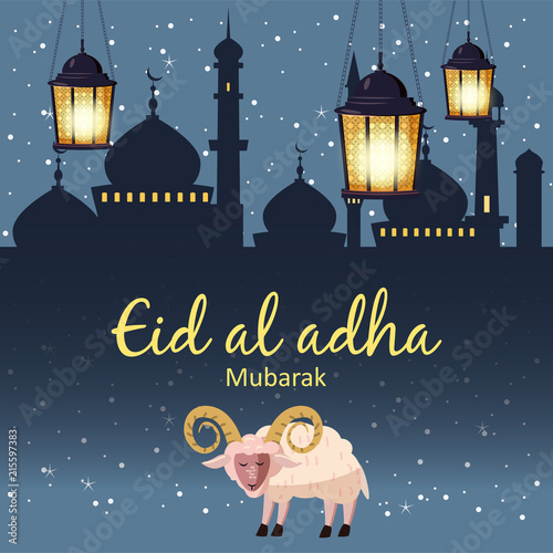 Muslim holiday Eid al-Adha. the sacrifice a ram or white sheep. Graphic design decoration kurban bayrami. Month lamb and a lamp. Vector, illustration, isolated photo