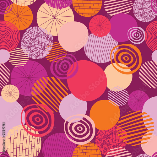 Doodle circles vector seamless pattern. Abstract geometric dots background. Geometric shapes pink, orange, coral, and peach on a black background. Young fresh modern design for women and girls.