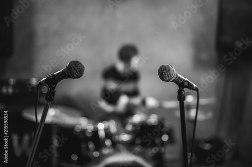Fototapeta Russia, Novosibirsk - 02 February 2017: music equipment at the rehearsal base in the garage, music, guitars, amplifiers, drums, rock
