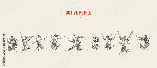 Set sketches silhouettes jumping persons vector