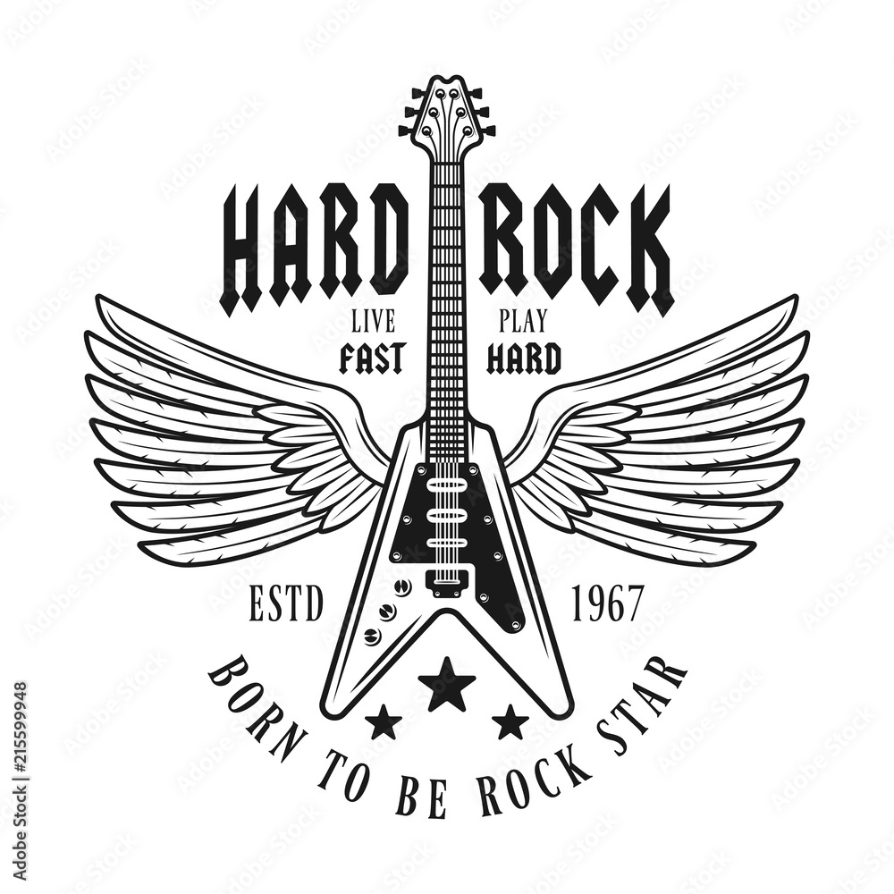 Electric guitar with wings vector music emblem
