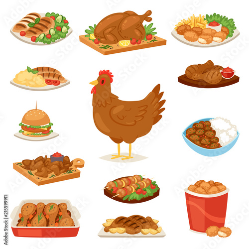 Chicken vector cartoon chick character hen and food chicken-wings with vegetables and barbecue sausage for dinner illustration set of fastfood burger and french fries isolated on white background