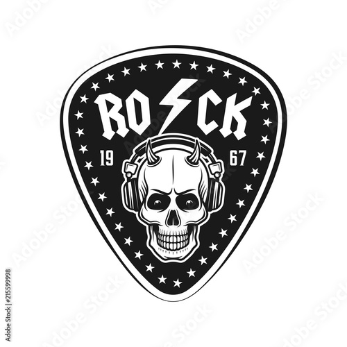 Guitar pick with skull in headphones music emblem