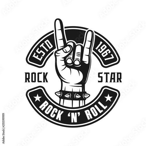 Rock music vector emblem with horns hand gesture