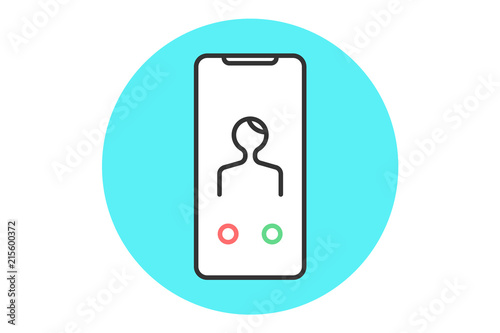 Icon of abstract smartphone with incoming call, green and red button icons. White phone in line graphic. Icon of phone isolated on a blue mint background. Vector Illustration