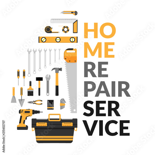 home repair service template with set of DIY home repair working tools. home repair service consulting, renovation & construction company on white background for marketing concept. vector flat design