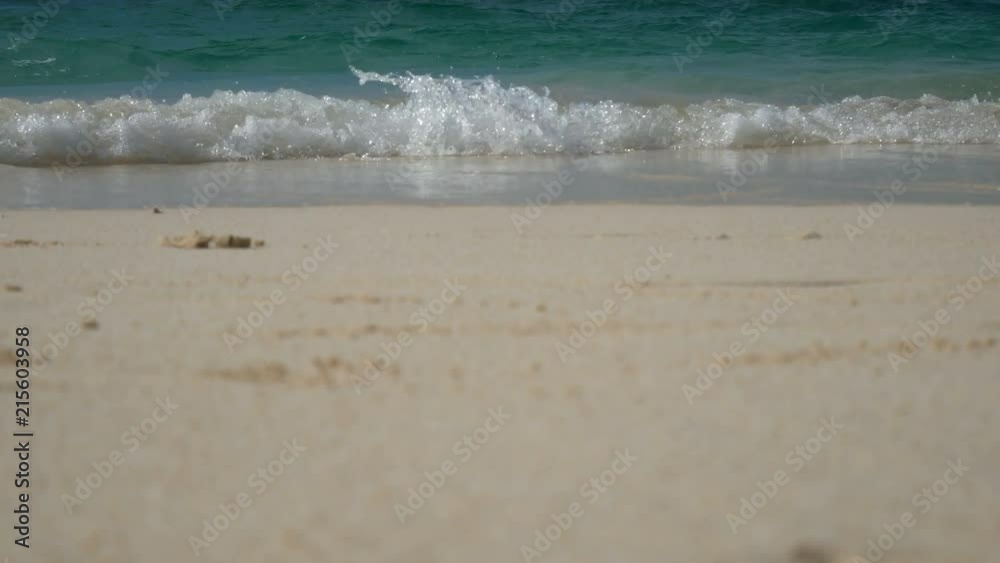 4K. soft wave of the sea , clear water on the white sand beach with copy space area. tropical summer sea beach for holiday background footage, selective focus. 4K. soft wave of the sea , clear water on the white sand beach with copy space area. tropical summer sea beach for holiday background footage, selective focus.