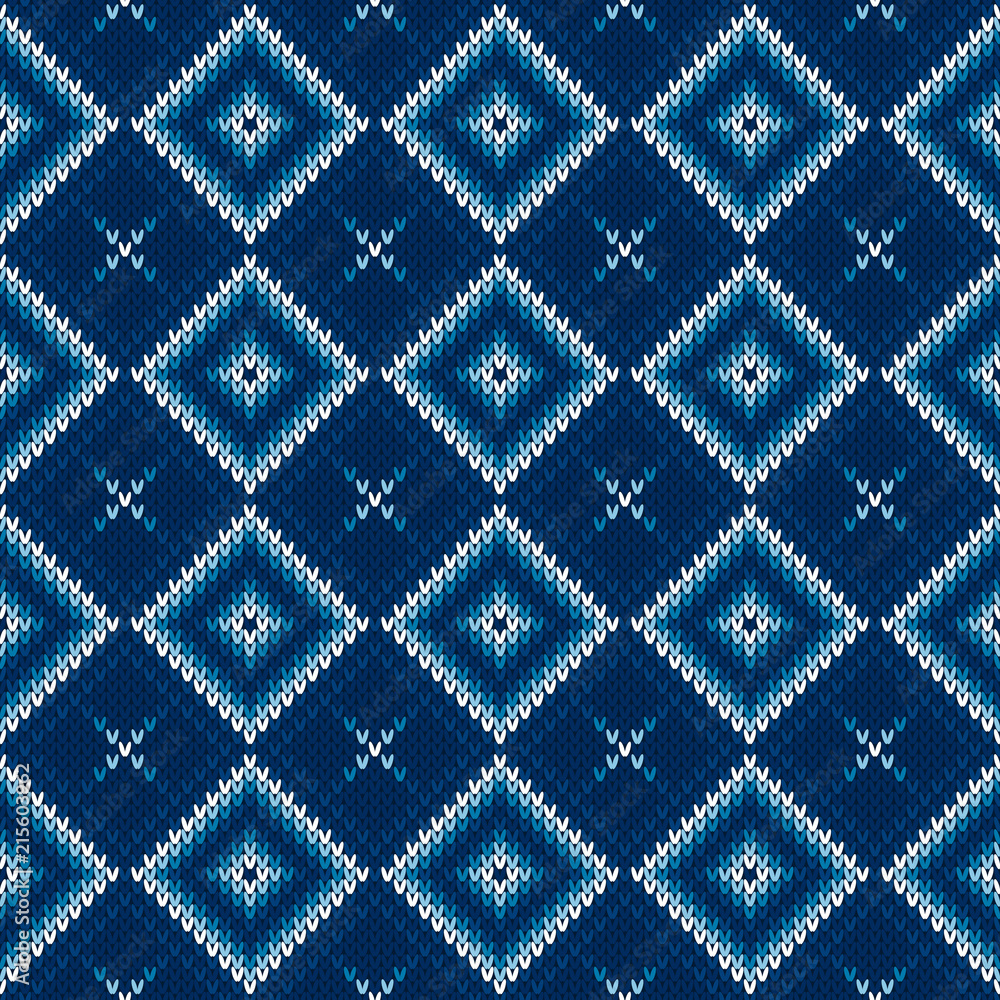 Abstract Argyle Knitted Sweater Pattern. Vector Seamless Background with Shades of Blue Colors. Wool Knit Texture Imitation Abstract Argyle Knitted Sweater Pattern. Vector Seamless Background with Shades of Blue Colors. Wool Knit Texture Imitation