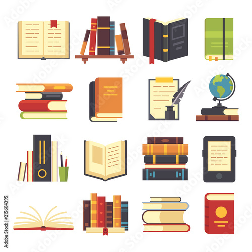 Flat books icons. Magazines with bookmark, history and open science book stack. Encyclopedia on library shelves vector illustration