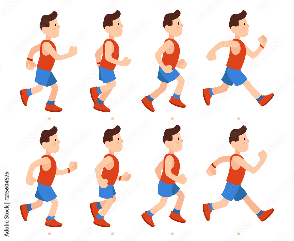 Flat running man. Athletic boy run animation frames sequence. Runner male  in tracksuit, legs animations cartoon vector illustration Stock Vector |  Adobe Stock