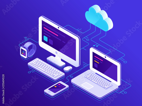 Cloud storage. Computer devices connected to data server. Laptop computers tablet and smartphone secure connection vector illustration