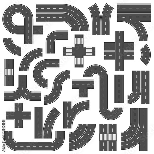 Connectable highway road elements. Crossroads, footpath and speedway junction mark. Asphalt street roads with marking vector set