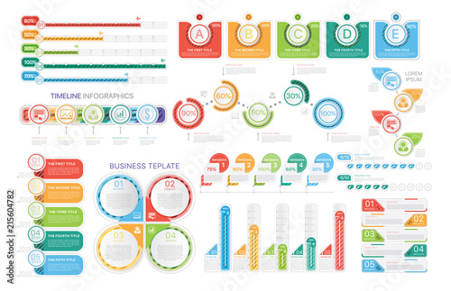 Vivid collection of various infographic informative templates with charts and labels isolated on white background