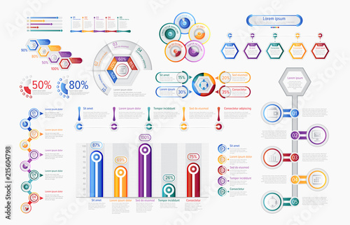 Business infographics set with different diagram vector illustration. Data visualization elements, marketing charts and graphs photo