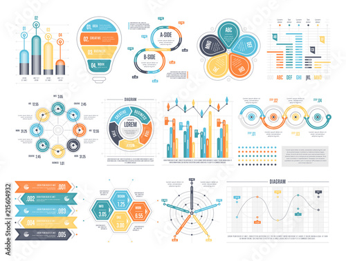 Business infographics set with different diagram vector illustration. Data visualization elements, marketing charts and graphs