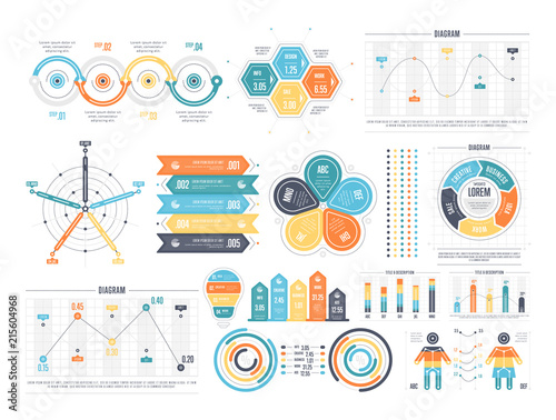 Colorful vector set of various diagrams and charts for infographic templates isolated on white background
