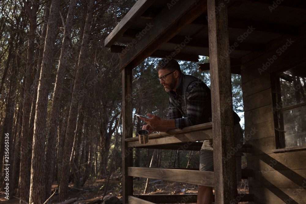 Man using mobile phone in cabin porch Man using mobile phone in cabin porch