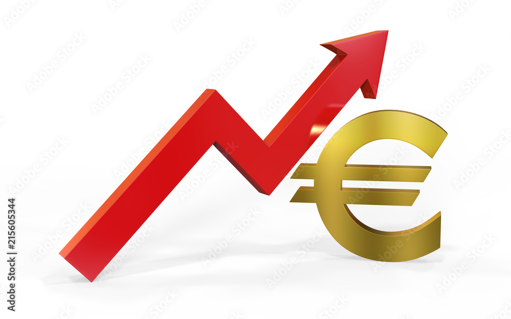 Increase in euro value concept, golden euro sign with a rising arrow, 3d illustration Increase in euro value concept, golden euro sign with a rising arrow, 3d illustration