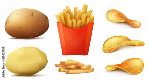 Vector 3d realistic set of potato snacks, tasty french fries in red box, raw vegetable and peeled, crispy and spicy chips isolated on background. Unhealthy american fast food, clipart for menu design