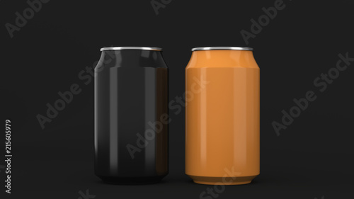 Two small black and orange aluminum soda cans mockup on black background