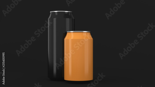 Big black and small orange aluminum soda cans mockup