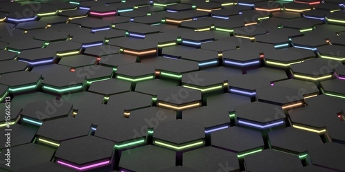 Electric futuristic surface hexagon pattern with coloured rays 3D Rendering Illustration © eliahinsomnia