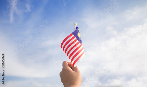 Independence Day concept. A happy and proud boy holding Malaysian flag.