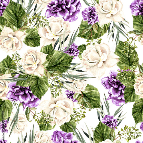 Beautiful  watercolor pattern with white roses and purple peony.