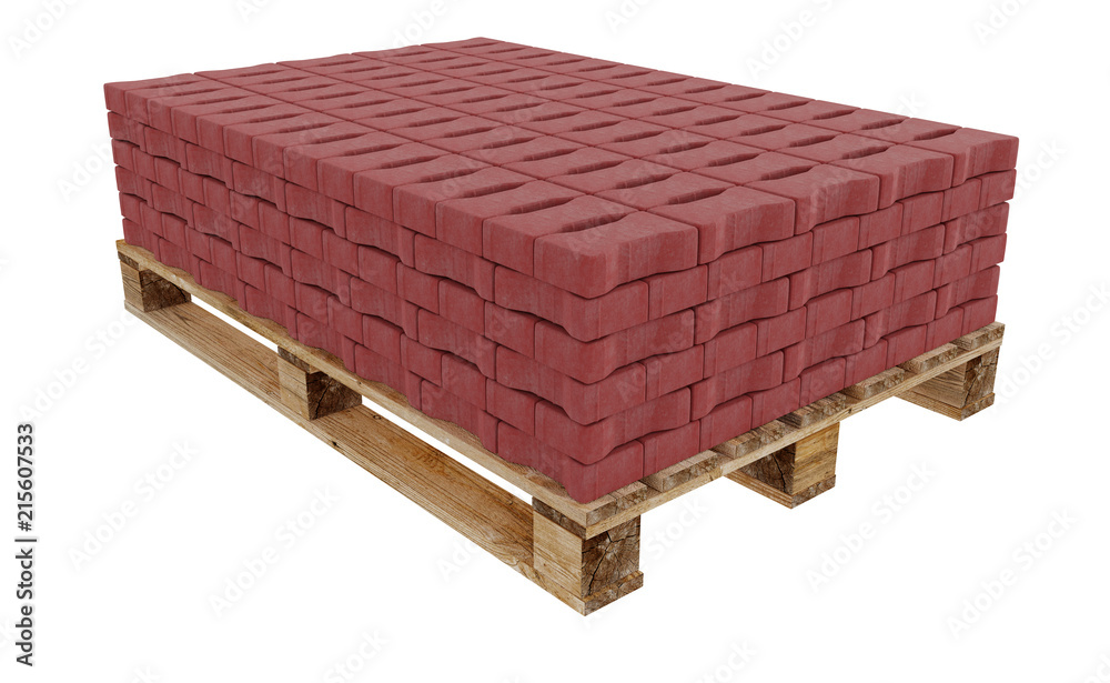 3D realistic render of red lock paving, placed on wooden palette. Isolated on white background. 3D realistic render of red lock paving, placed on wooden palette. Isolated on white background.