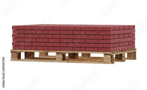 3D realistic render of red lock paving, placed on wooden palette. Isolated on white background.
