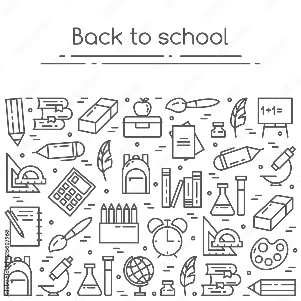 Back to school vector illustration banner with studying supplies in line art. Back to school vector illustration banner with studying supplies in line art.