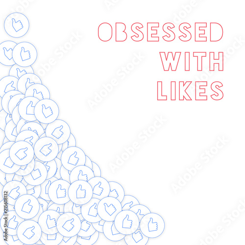 Social media icons. Obsessed with likes concept. Falling scattered thumbs up. Bottom left corner ele