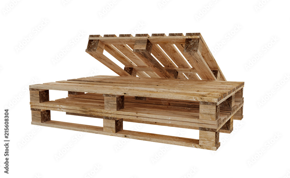 3D realistic render of wooden palette. Isolated on white background.