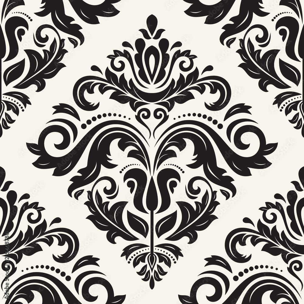 Classic seamless vector pattern. Damask orient light beigeand black ornament. Classic vintage background. Orient ornament for fabric, wallpaper and packaging