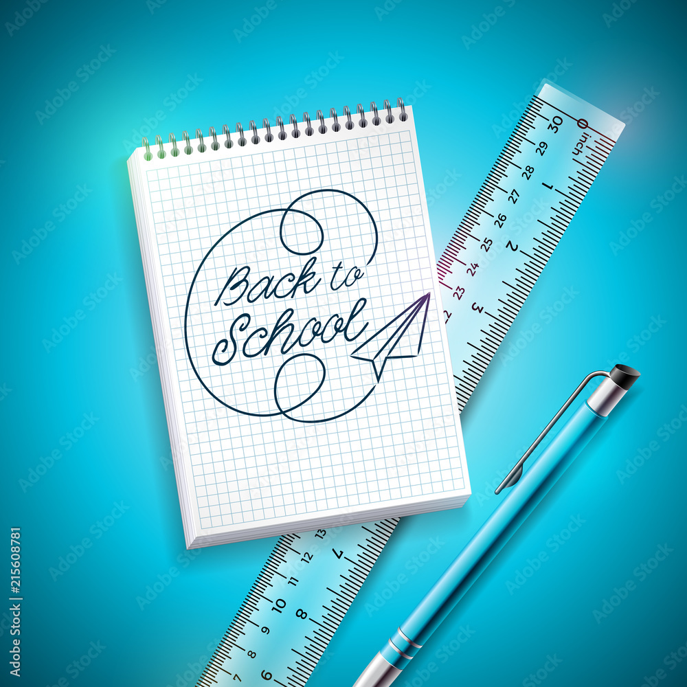 Back to school design with pen, ruler and notebook on blue background.  Vector illustration with hand lettering for greeting card, banner, flyer,  invitation, brochure or promotional poster. Stock Vector | Adobe Stock