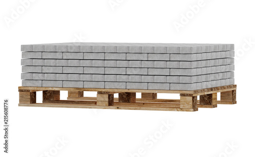 3D realistic render of grey lock paving, placed on wooden palette. Isolated on white background.