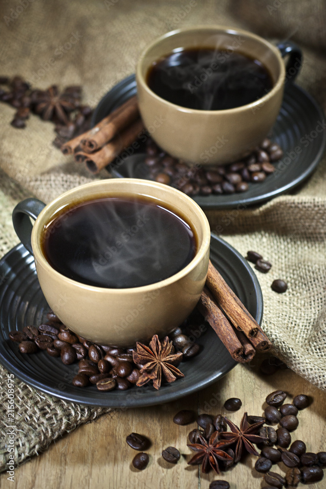 Two cups of coffee with spices