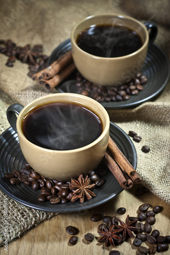 Two cups of coffee with spices