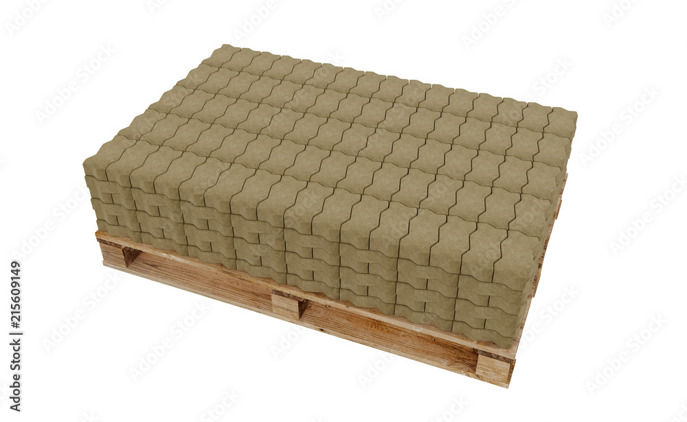 3D realistic render of yellow lock paving, placed on wooden palette. Isolated on white background. 3D realistic render of yellow lock paving, placed on wooden palette. Isolated on white background.