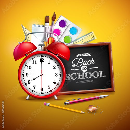 Back to school design with graphite pencil, pen and other school items on yellow background. Vector illustration with red alarm clock, chalkboard and typography lettering for greeting card, banner