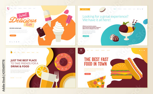 Set of web page design templates for organic food and drink, natural products, restaurant, online food ordering, recipes. Vector illustration concepts for website and mobile website development. 