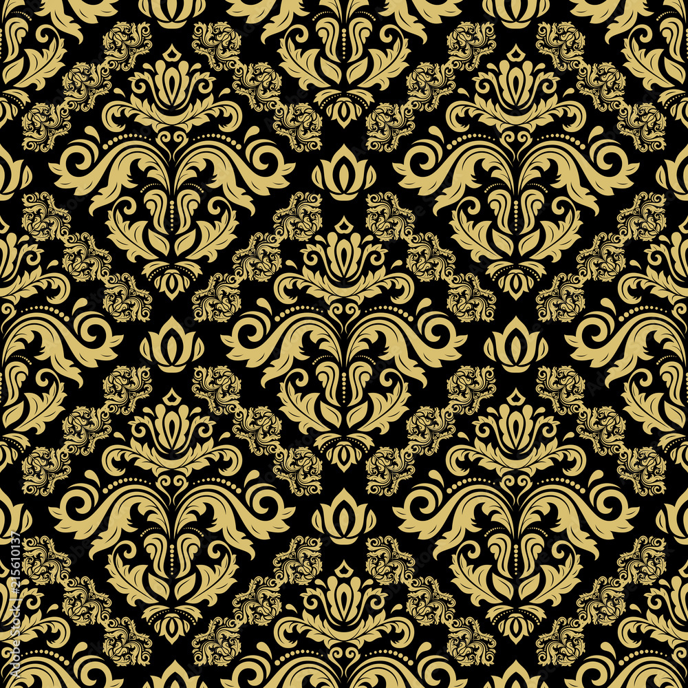 Classic seamless vector black and golden pattern. Damask orient ornament. Classic vintage background. Orient ornament for fabric, wallpaper and packaging Classic seamless vector black and golden pattern. Damask orient ornament. Classic vintage background. Orient ornament for fabric, wallpaper and packaging
