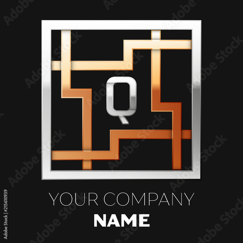 Realistic Silver Letter Q logo symbol in the silver-golden colorful square maze shape on black background. The logo symbolizes labyrinth, choice of right path. Vector template for your design