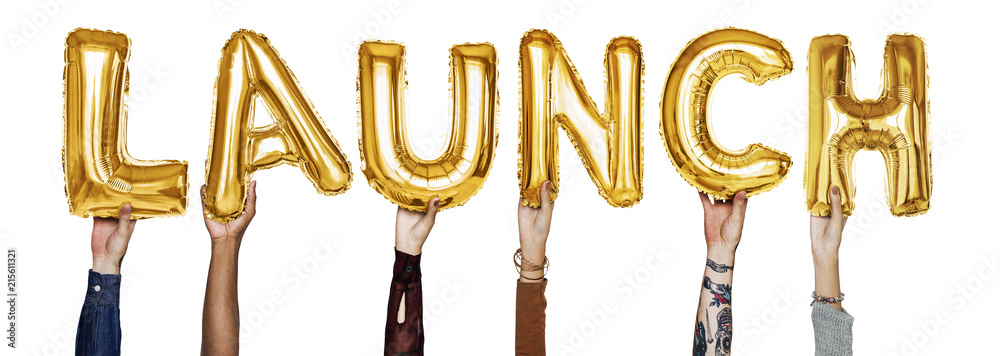 Hands showing launch balloons word Hands showing launch balloons word