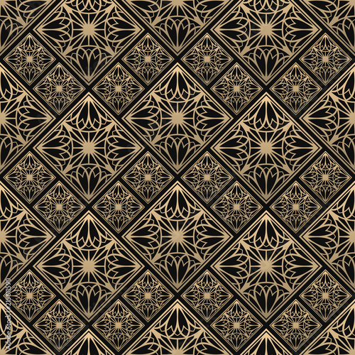 Seamless pattern oriental ornament. Black and golden textile print. Islamic vector design. Floral tiles.